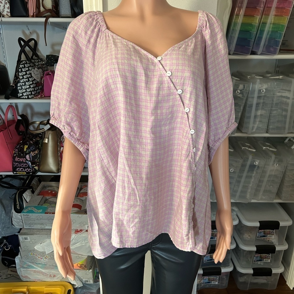 Madewell Plus Size 3X Linen Blend Puff Sleeve Button Wrap Top Sweet Lavender Pld - Picture 8 of 13